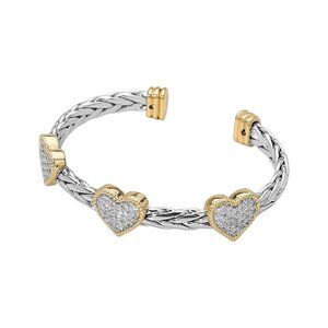 Tigerstars Two Tone CZ Stone Pave Triple Heart Braided Cuff Bracelet
